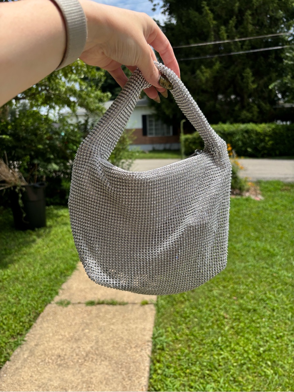 A New Day Silver Rhinestone Crystal Mesh Mini Hobo Bag / Top Handle Purse